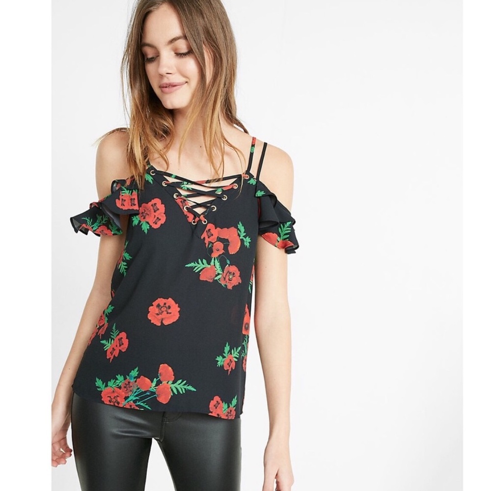 Express Floral Print Lace up Cold Shoulder Blouse